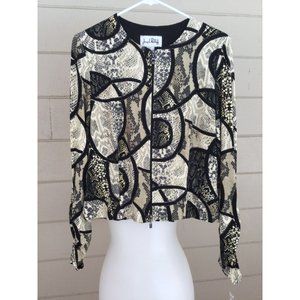 Joseph Ribkoff Black Jacket Beige Print Full ZIp Size 12 Abstract Art to Wear